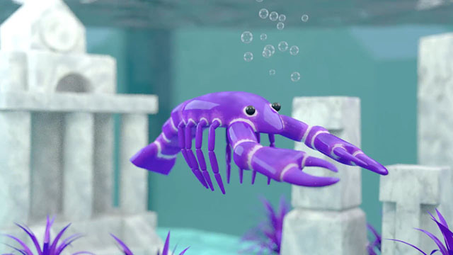 A purple lobster swimming in a fish tank