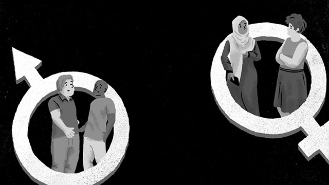 A pair of men and a pair of women, kept apart by two rings made by the circular male and female gender symbols.