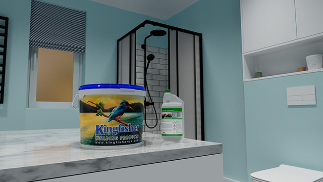 Dramatic shot showing Kingfisher anti-mould products in the foreground, and a sparkling clean bathroom in the background.
