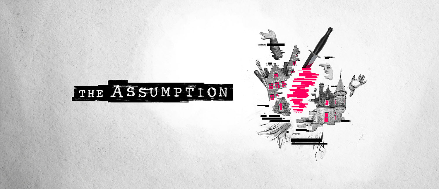 Poster image for the play The Assumption. It is in a collage style and features and old manor house, a knife and a painting of a woman,