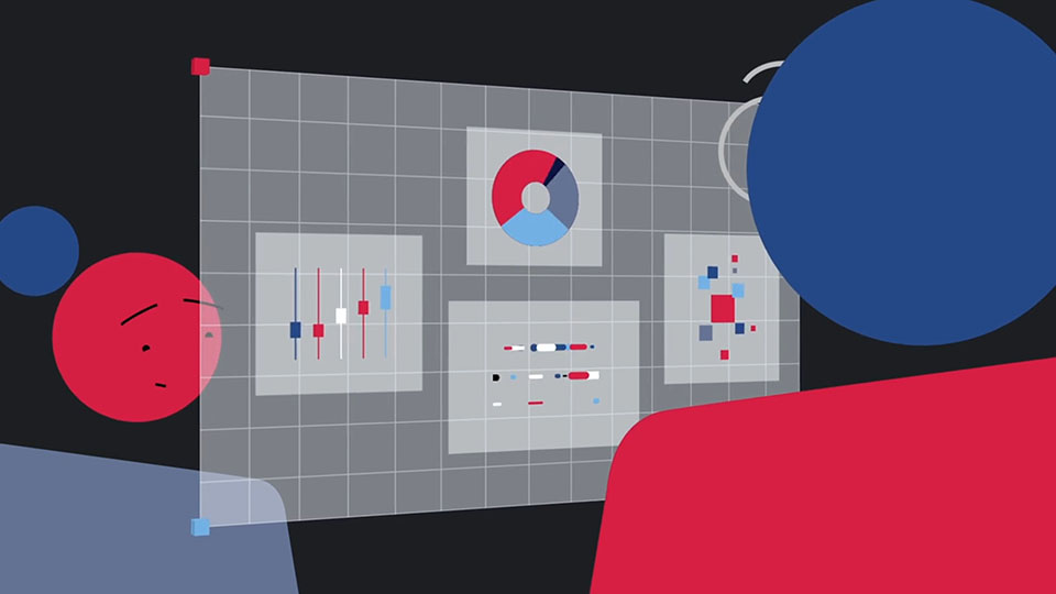 Two stylised researchers looking at a screen with data