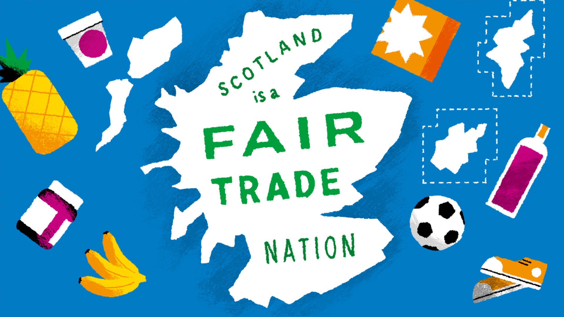 A cartoon map of scotland surrounded by Fair Trade products such as coffee, fruit etc.