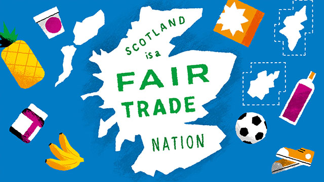 A cartoon map of scotland surrounded by Fair Trade products such as coffee, fruit etc.