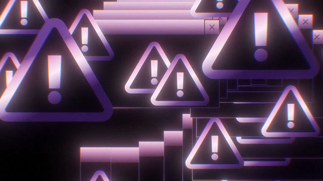 Lots of stylised warning symbols in front of a crashed browser which is being dragged around the screen.